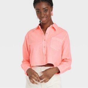 Universal Thread Coral Pink Cotton Linen Cropped Button-Down Shirt Size Medium